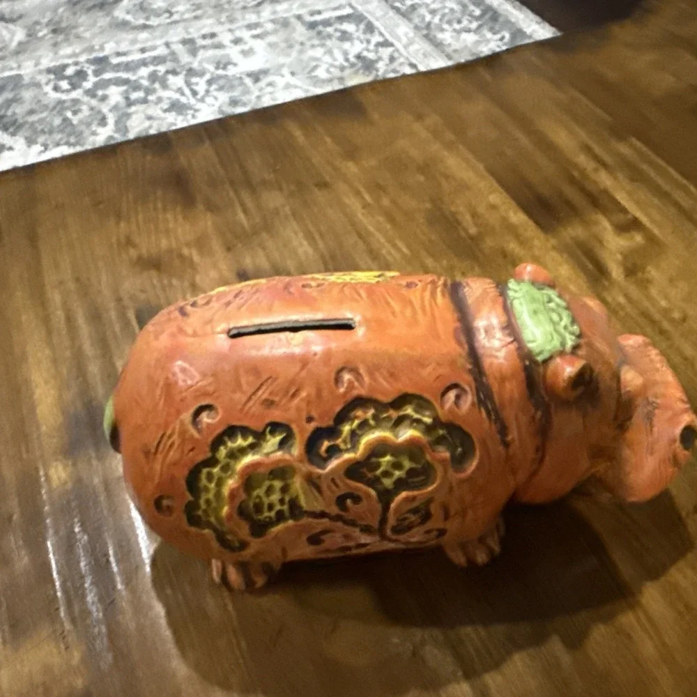 Vintage 70's Kitschy Boho Orange Floral Ceramic Bank Hippopotamus House Hippo